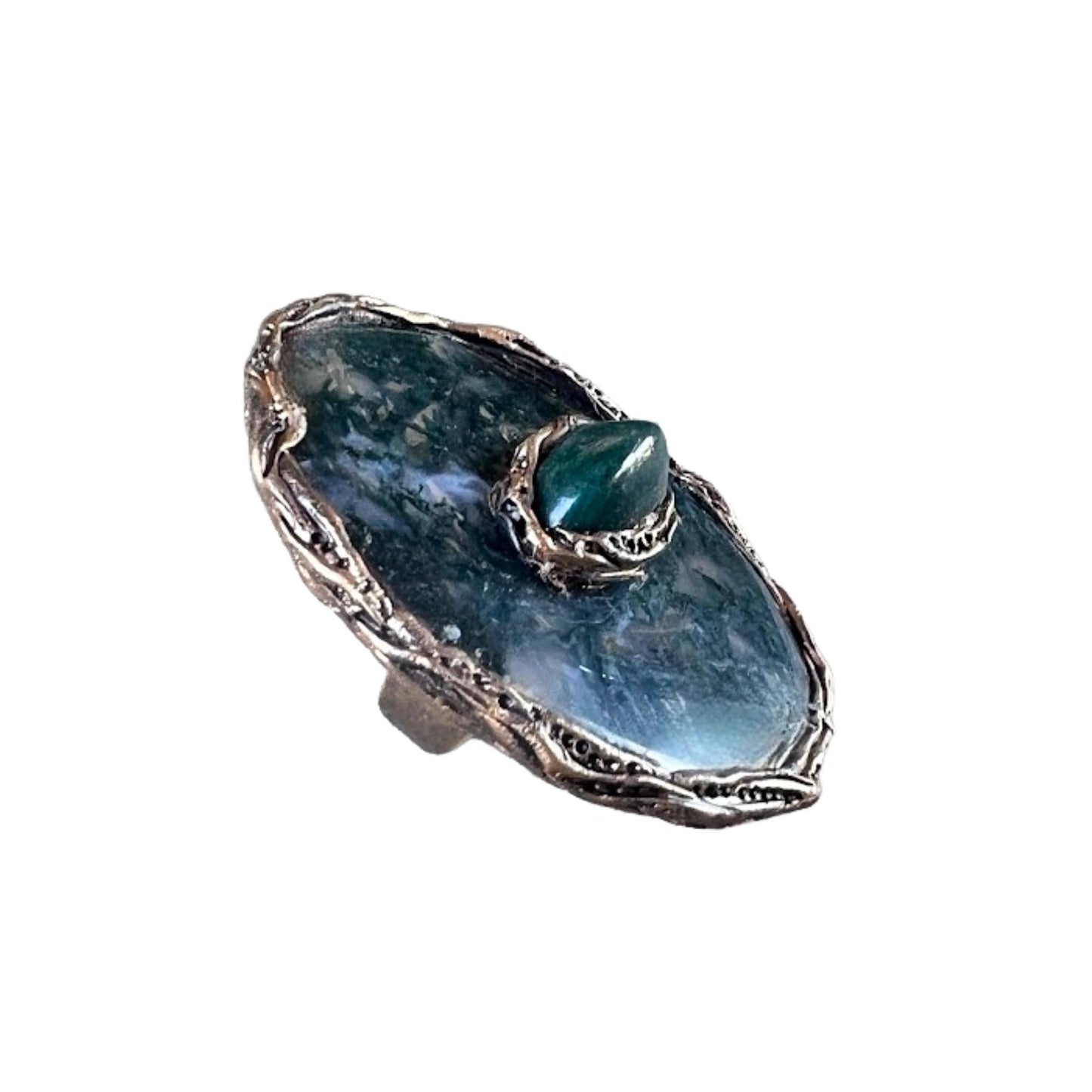Chunky Green Moss Agate Ring -  Oversized Round Cocktail Ring