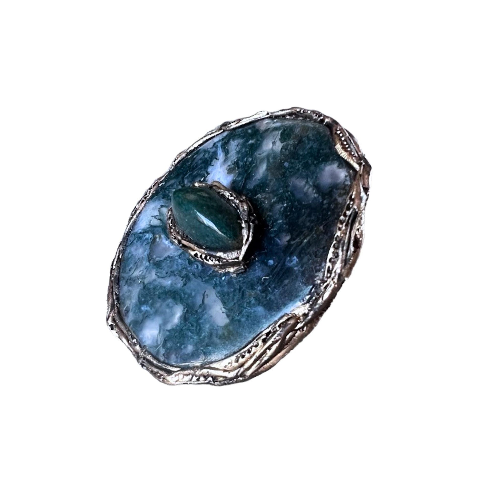 Chunky Green Moss Agate Ring -  Oversized Round Cocktail Ring