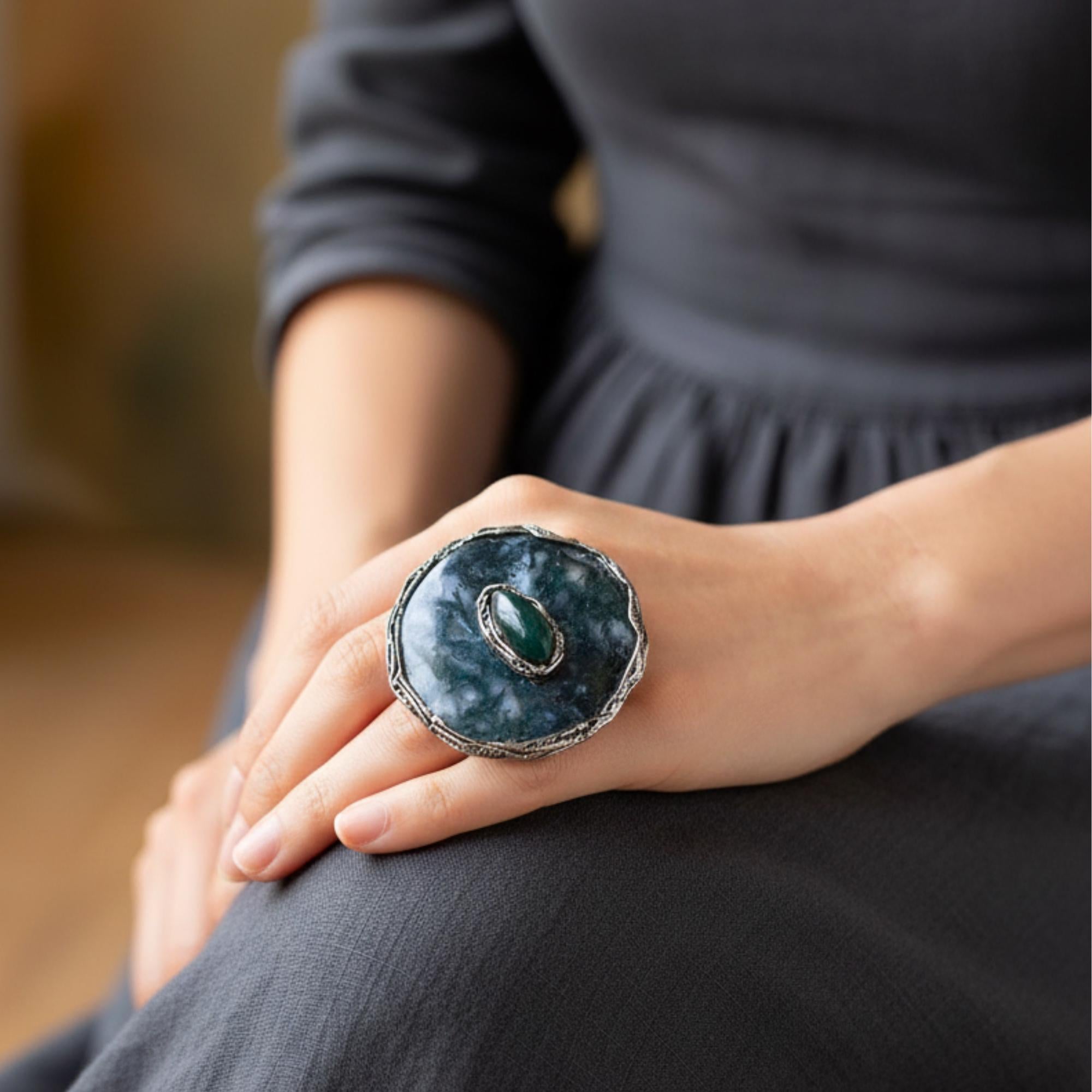 Chunky Green Moss Agate Ring -  Oversized Round Cocktail Ring