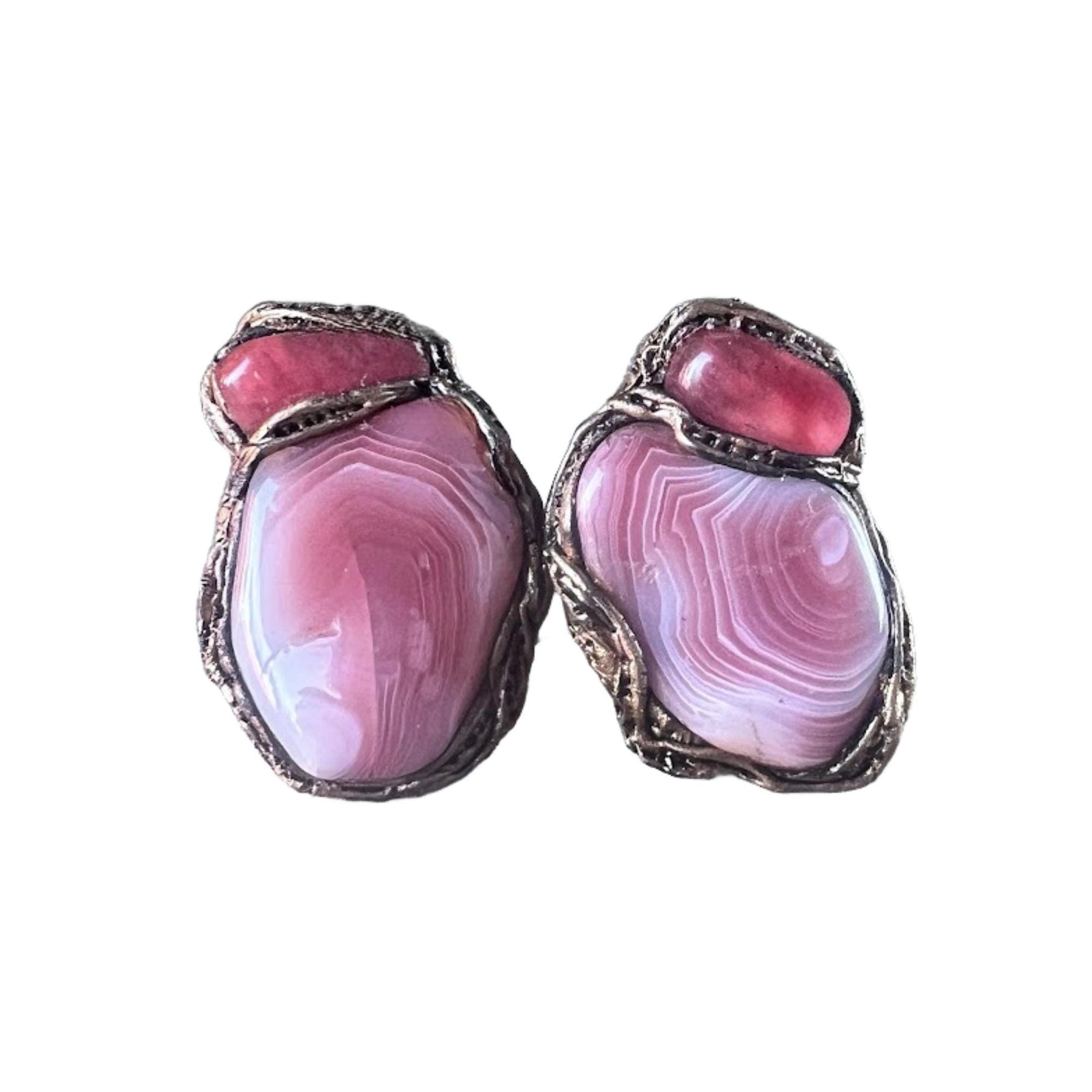 Agate and Quartz Pink Crystal Clip On - Semi-Precious Stone Earrings