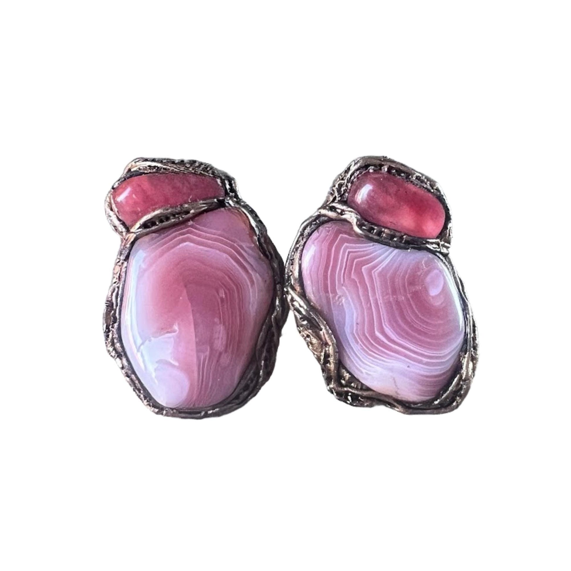 Agate and Quartz Pink Crystal Clip On - Semi-Precious Stone Earrings