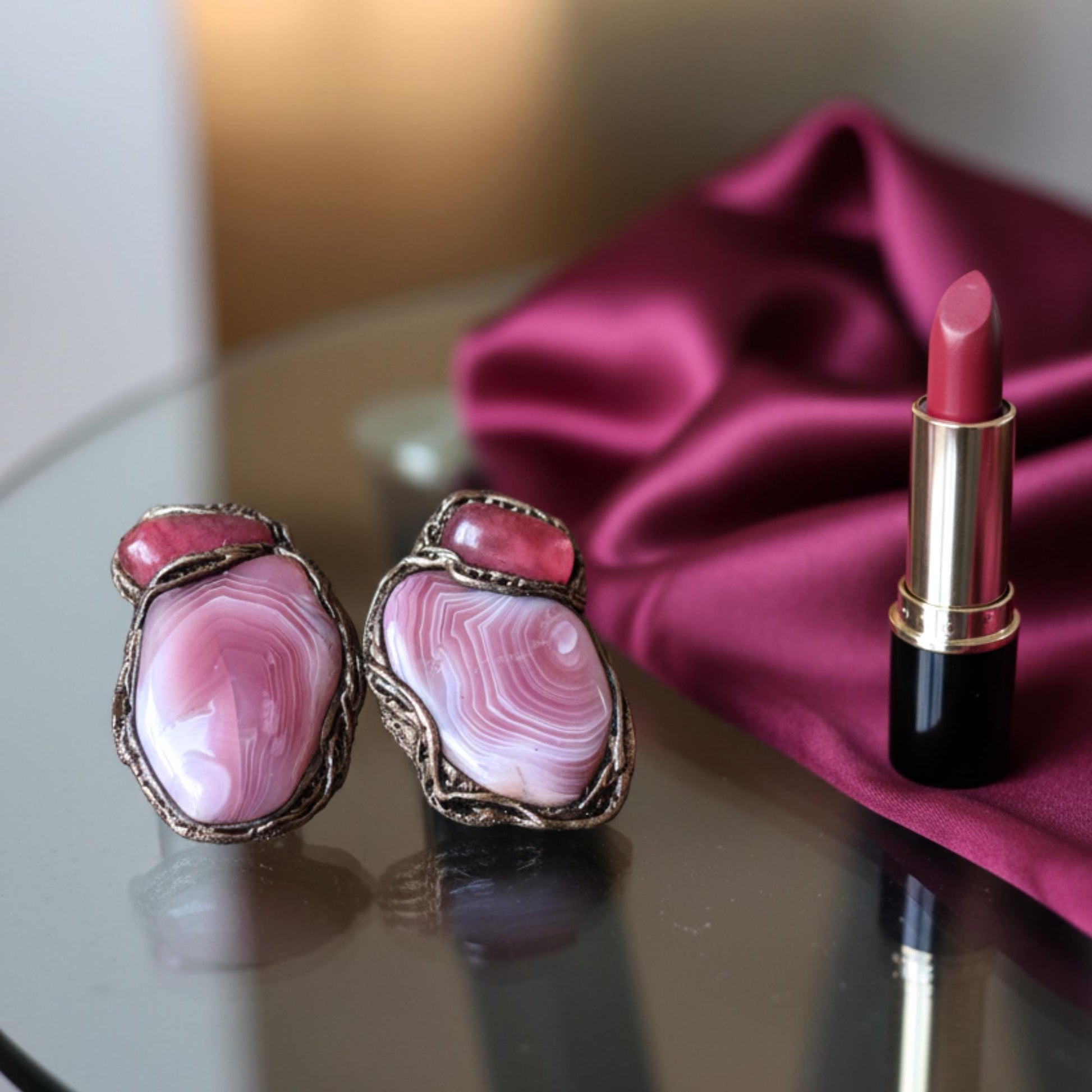 Peach Agate and Cherry Quartz Large Statement Ring -  Pink Stone Oversized Cocktail Ring