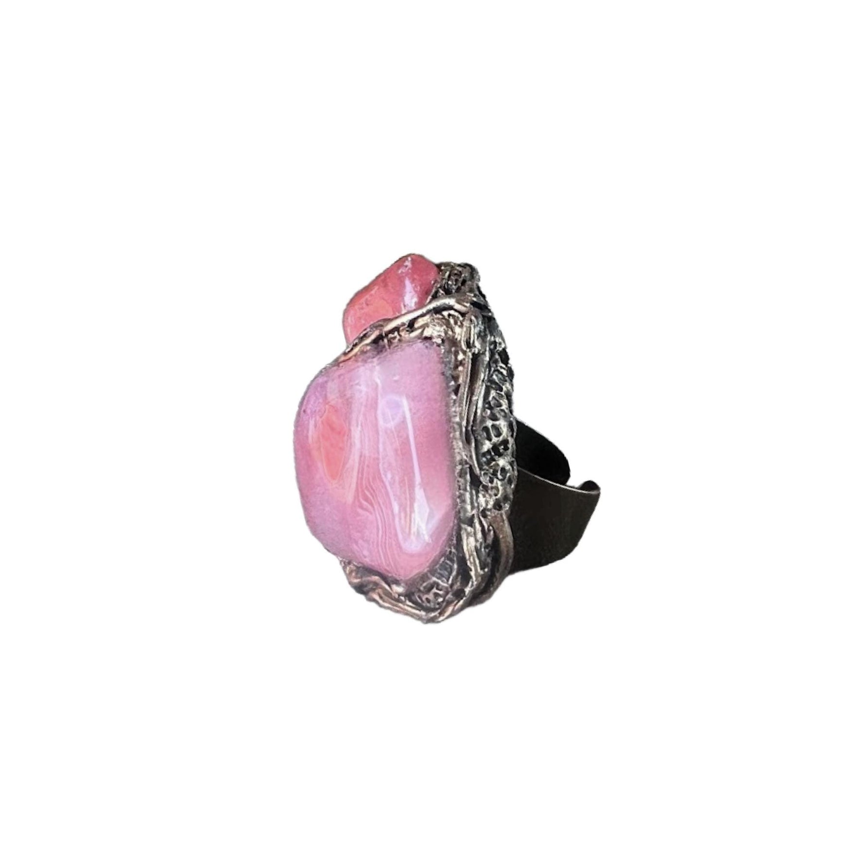Peach Agate and Cherry Quartz Large Statement Ring -  Pink Stone Oversized Cocktail Ring