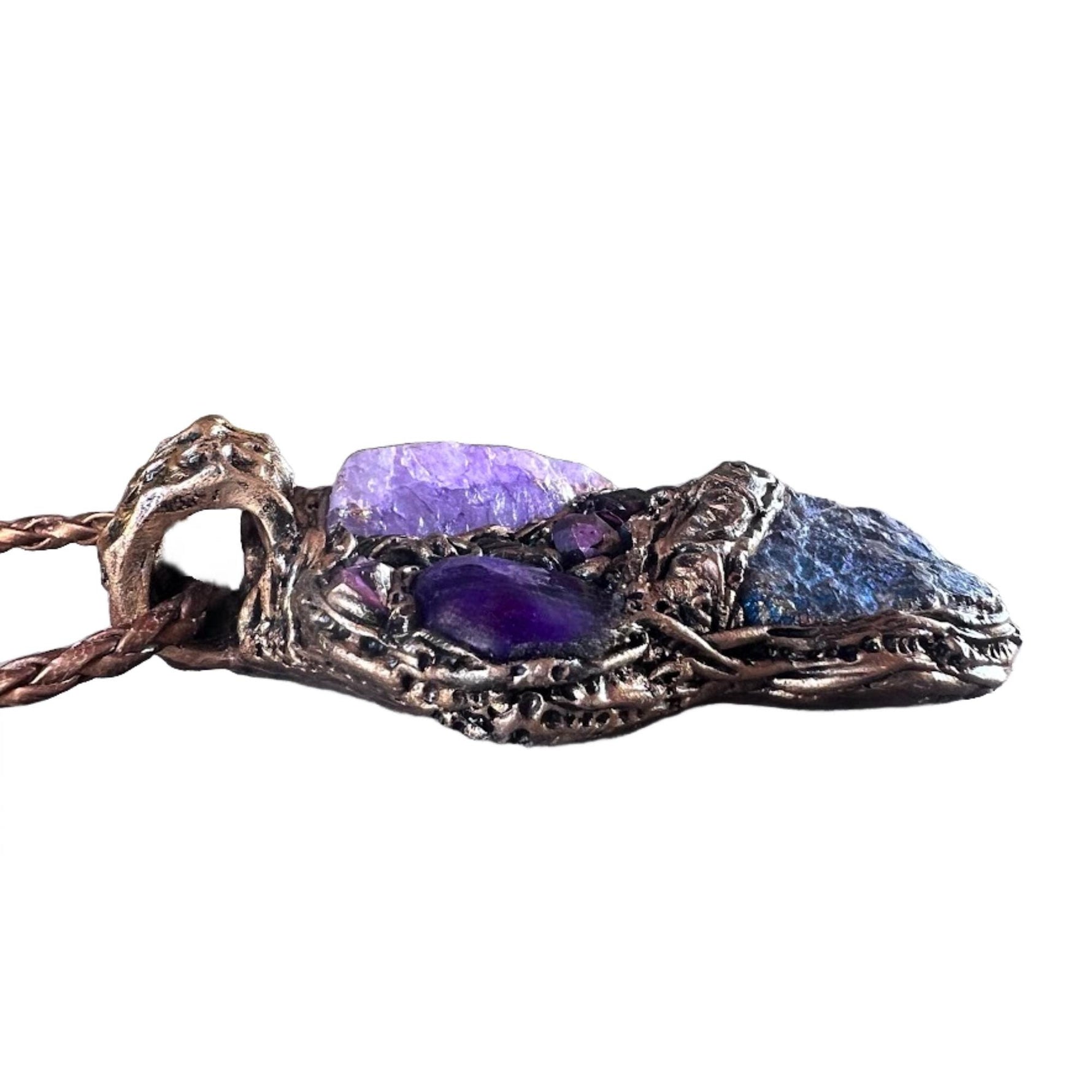Peacock Ore and Purple Quartz Necklace -  Healing Raw Crystal Amulet Pendant