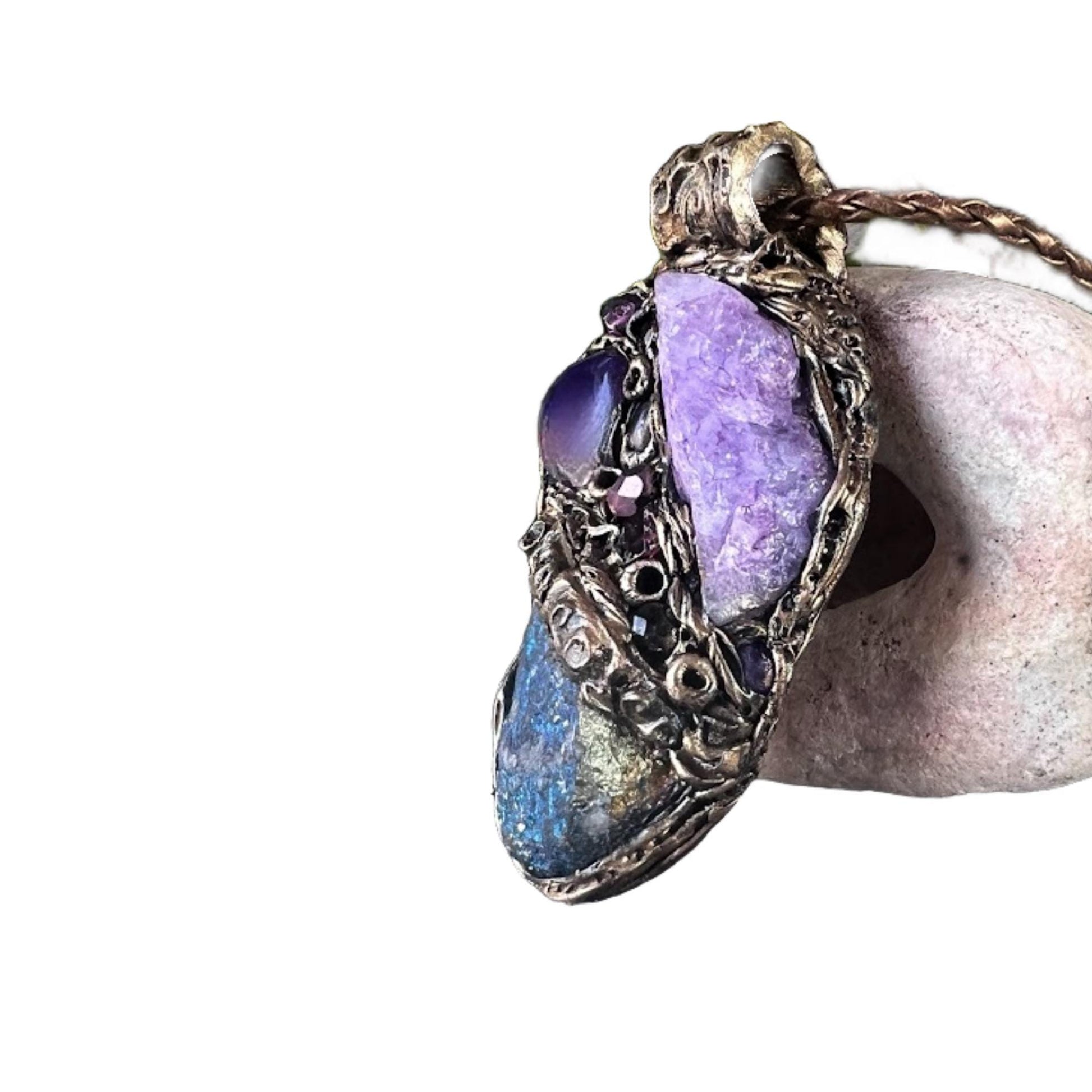 Peacock Ore and Purple Quartz Necklace -  Healing Raw Crystal Amulet Pendant