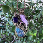 Peacock Ore and Purple Quartz Necklace -  Healing Raw Crystal Amulet Pendant