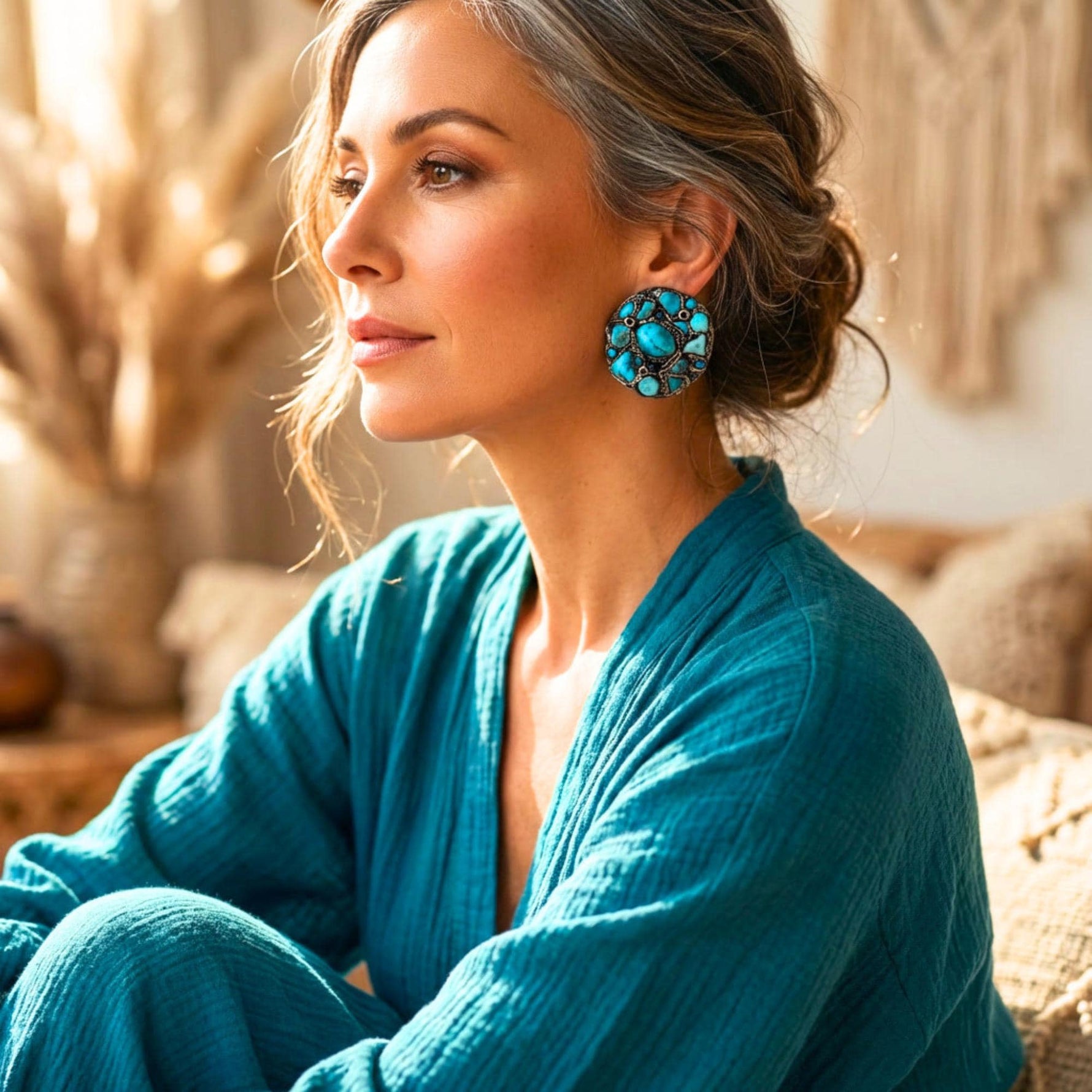 Bold Turquoise Statement Earrings -  Oversized Cluster Clip-On Earrings