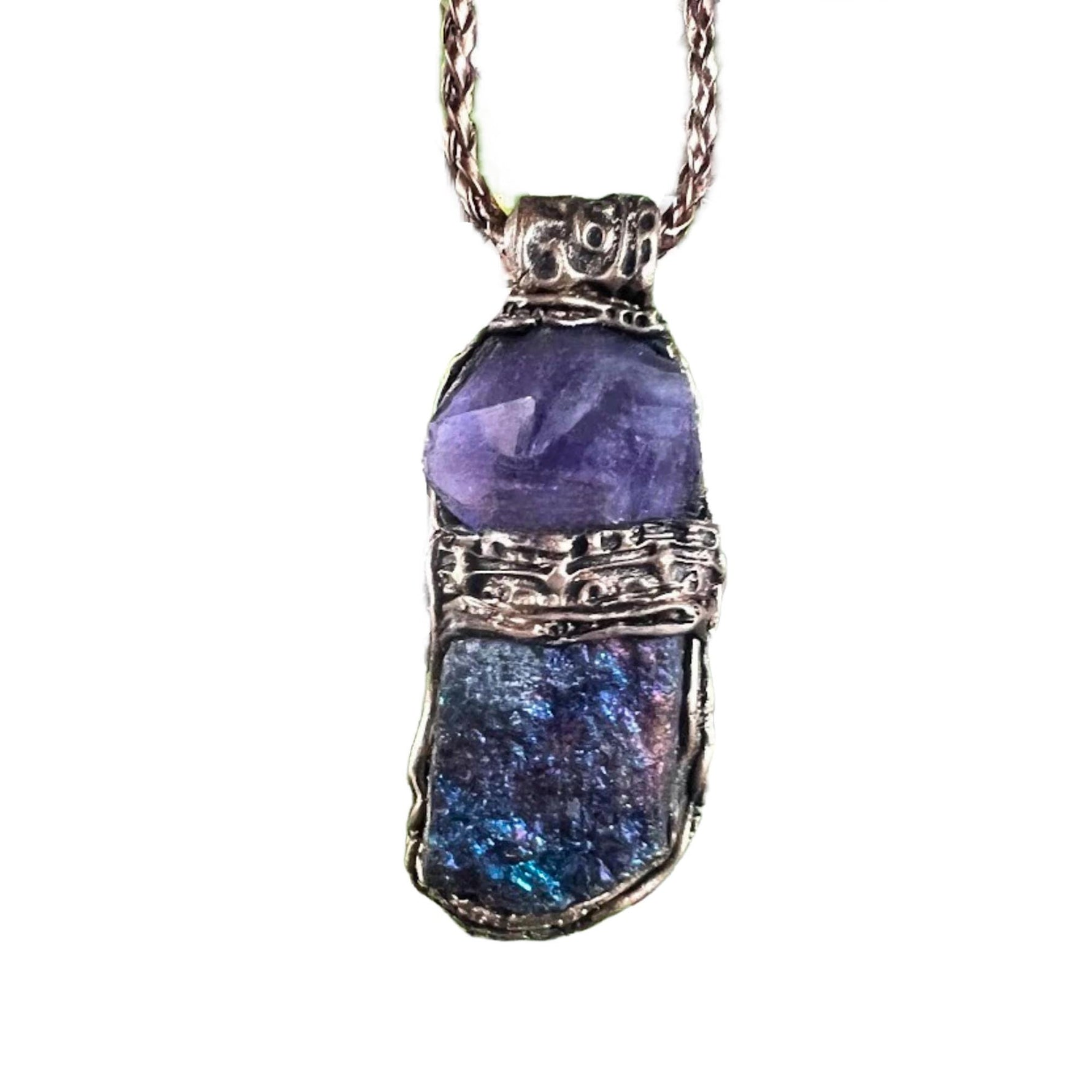 Large Peacock Ore Amethyst Pendant - Raw Purple Blue Gemstone Statement Necklace