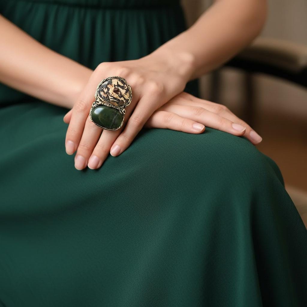 Jade and Grass Garnet Statement Ring - Chunky Green Stone Cocktail Ring