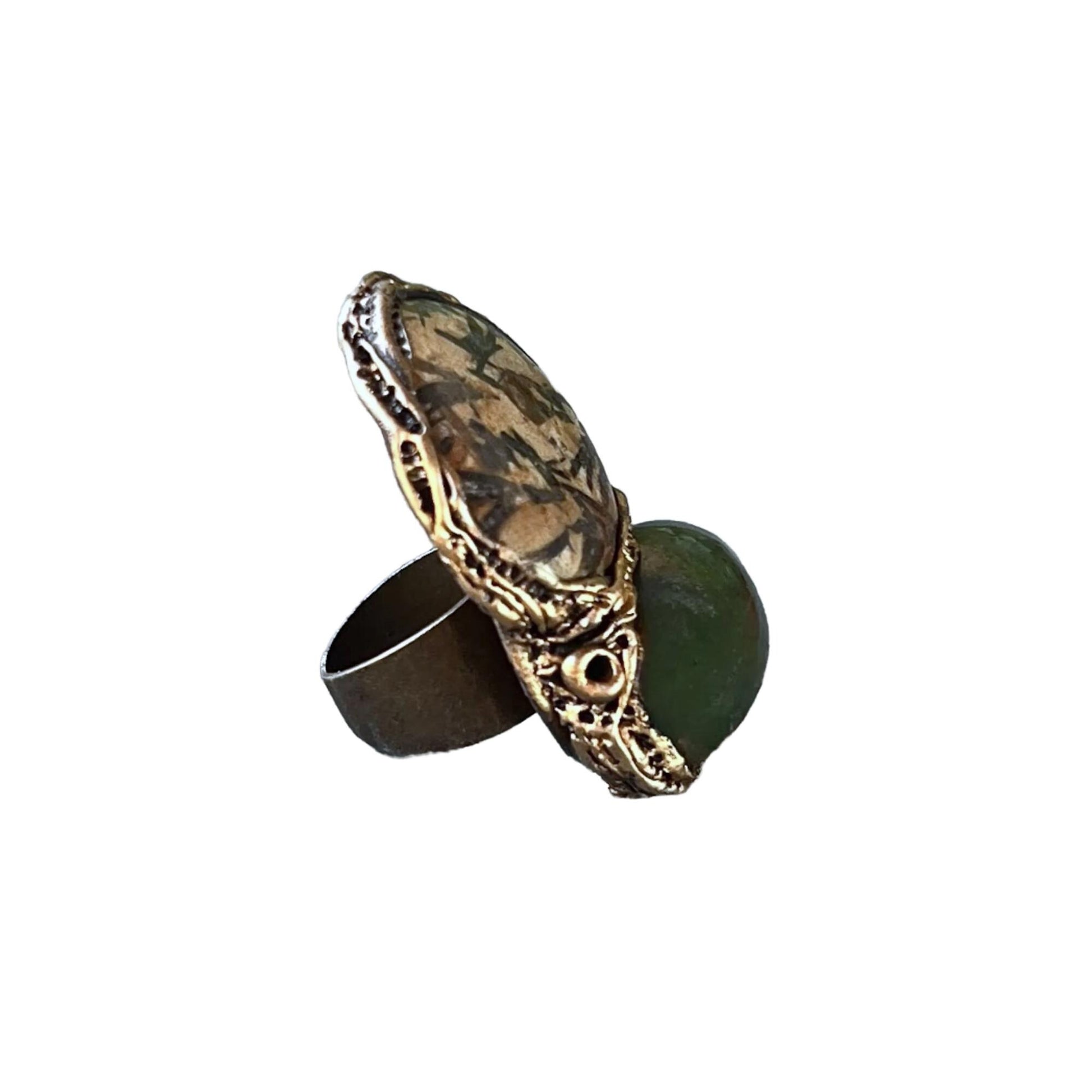 Jade and Grass Garnet Statement Ring - Chunky Green Stone Cocktail Ring