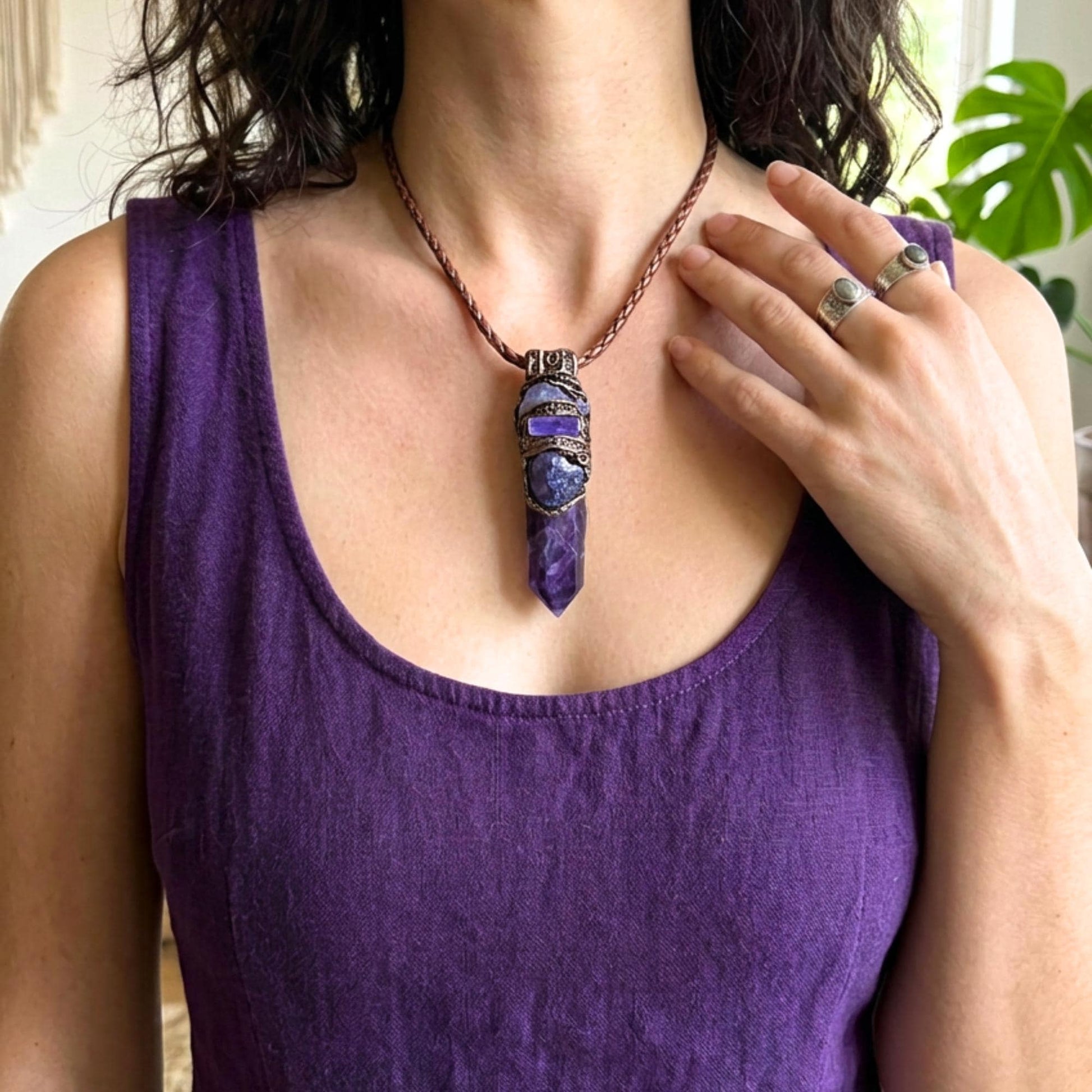 Amethyst and Tanzanite Pendant Necklace -  Spiritual Healing Crystal Amulet