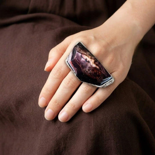 Oversized Brown Agate Statement Ring -  Chunky Massive Pattern Stone Cocktail Ring
