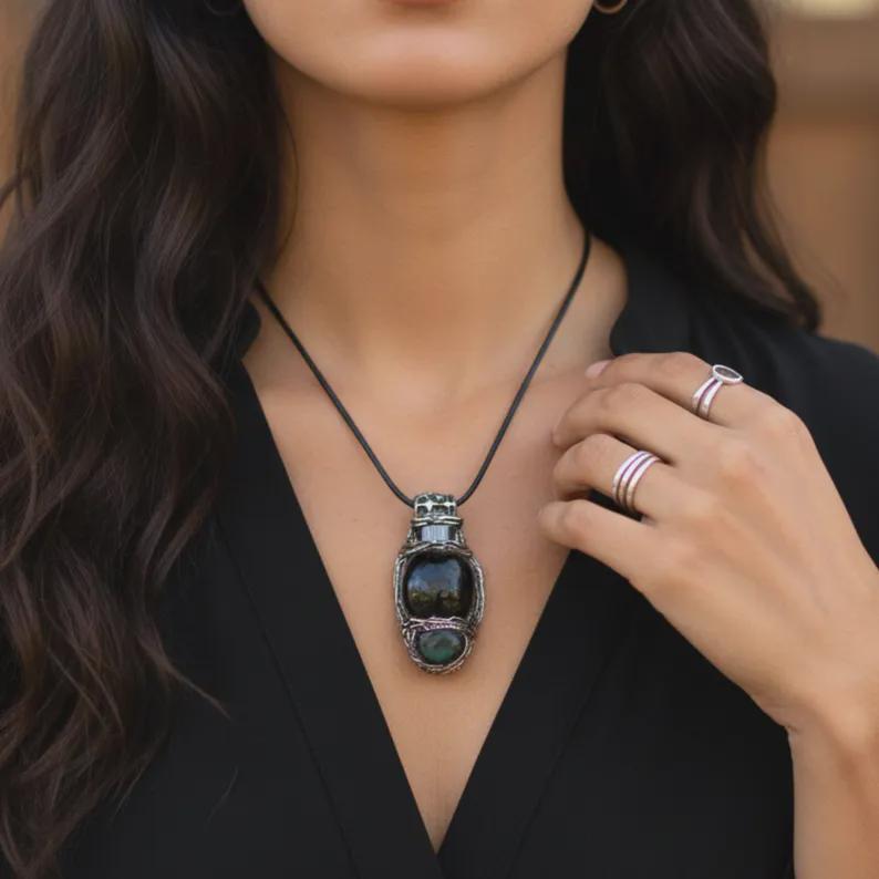 Chunky Black Obsidian Hematite Ring: Adjustable Empath Protection Jewelry