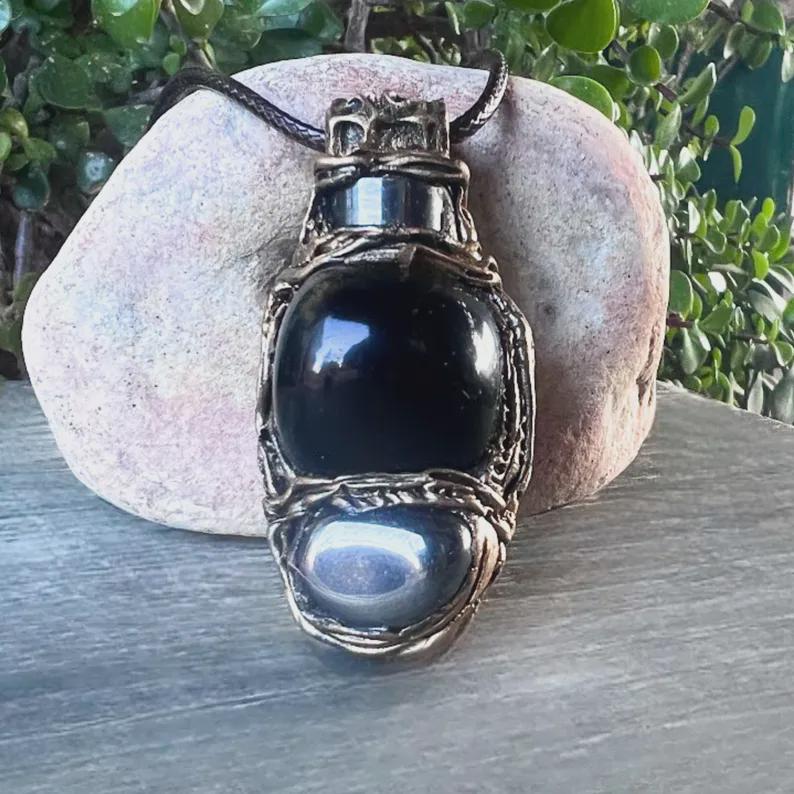 Chunky Black Obsidian Hematite Ring: Adjustable Empath Protection Jewelry
