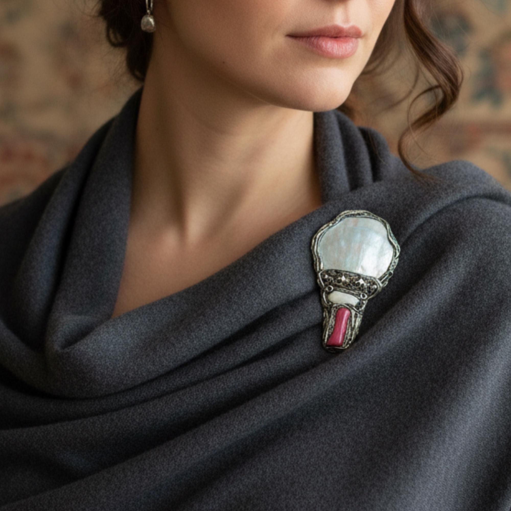 Mother of Pearl and Coral Extra Large Brooch - Modern Statement Jewelry