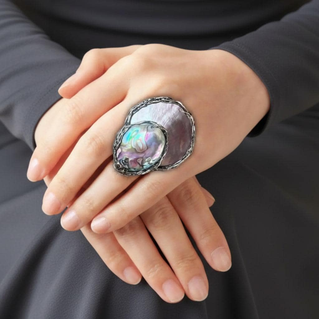 Huge Mother of Pearl and Abalone Ring: Bold Chunky Statement Jewelry