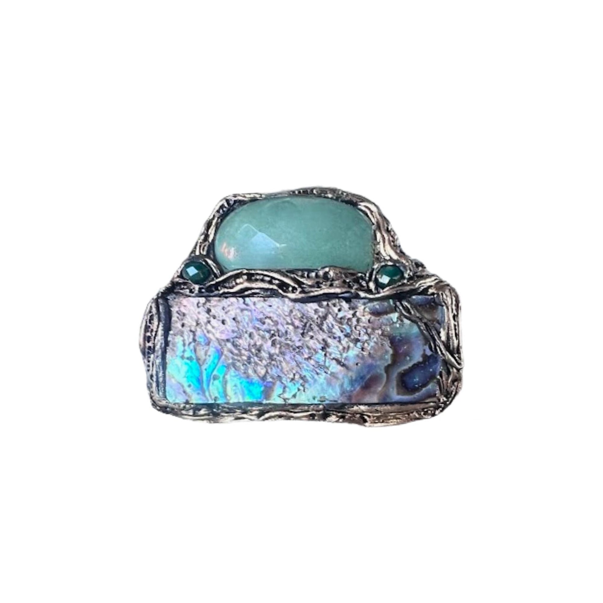 Abalone and Green Aventurine Chunky Ring Huge Large  Mother of Pearl Cocktail Ring