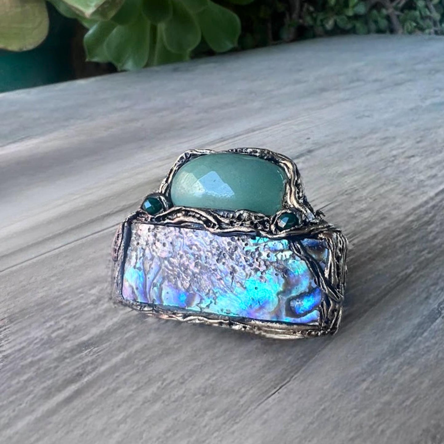 Abalone and Green Aventurine Chunky Ring Huge Large  Mother of Pearl Cocktail Ring