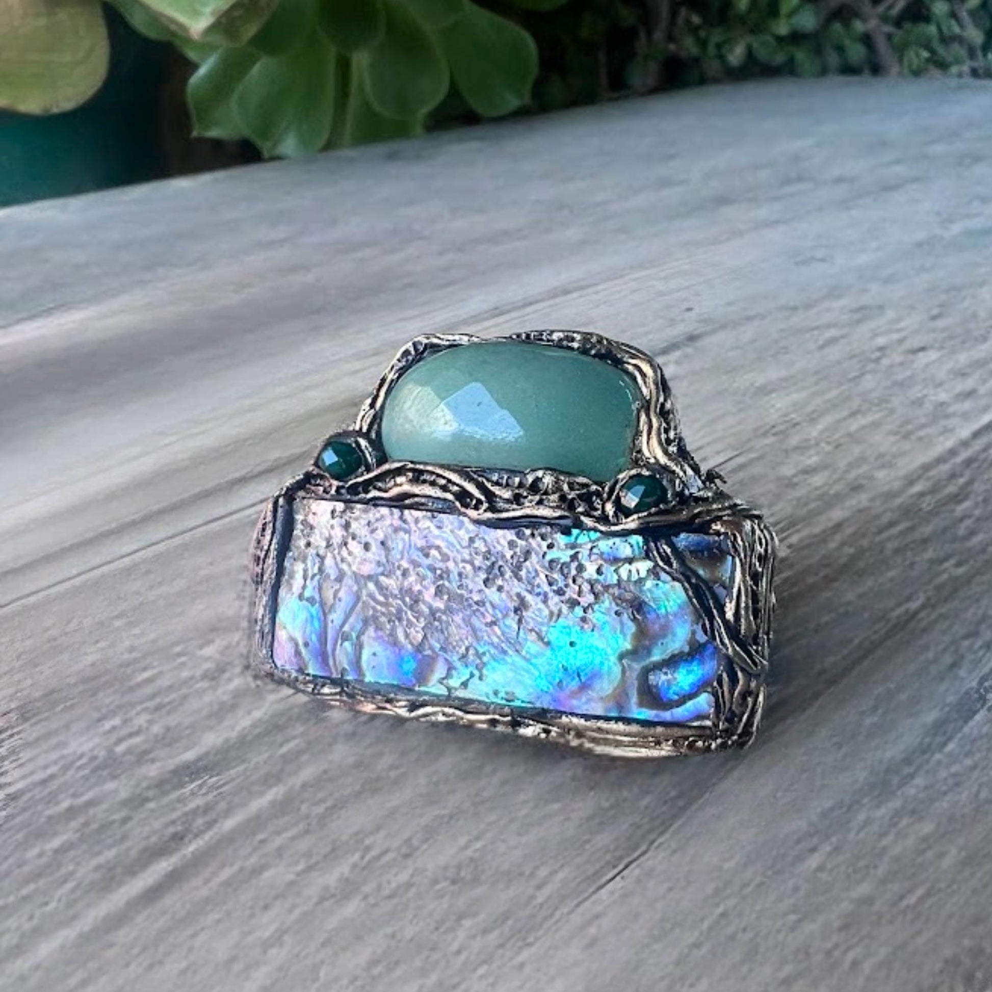 Abalone and Green Aventurine Chunky Ring Huge Large  Mother of Pearl Cocktail Ring