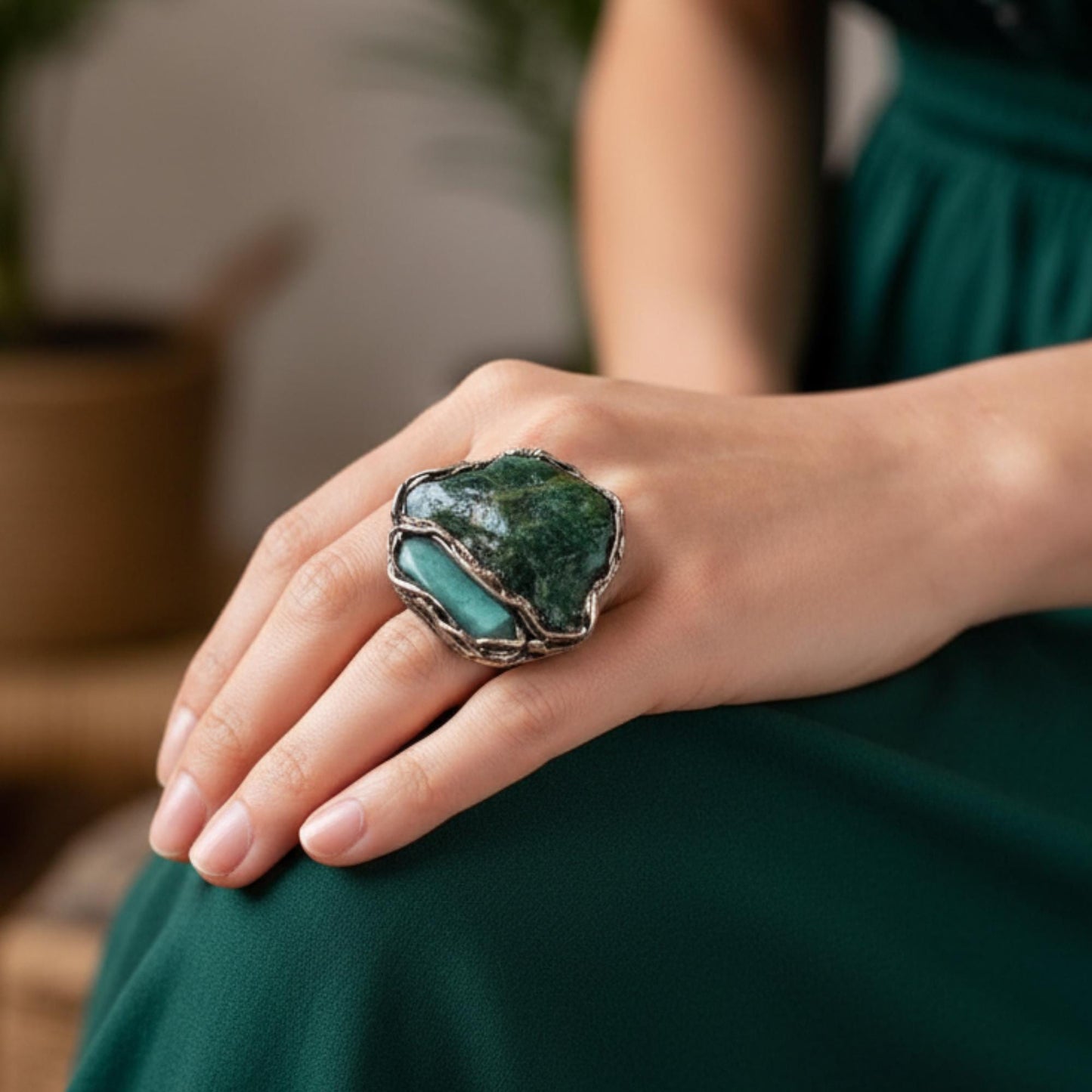 Buddstone Aventurine Statement Ring -  Chunky Green Crystal Cocktail Ring
