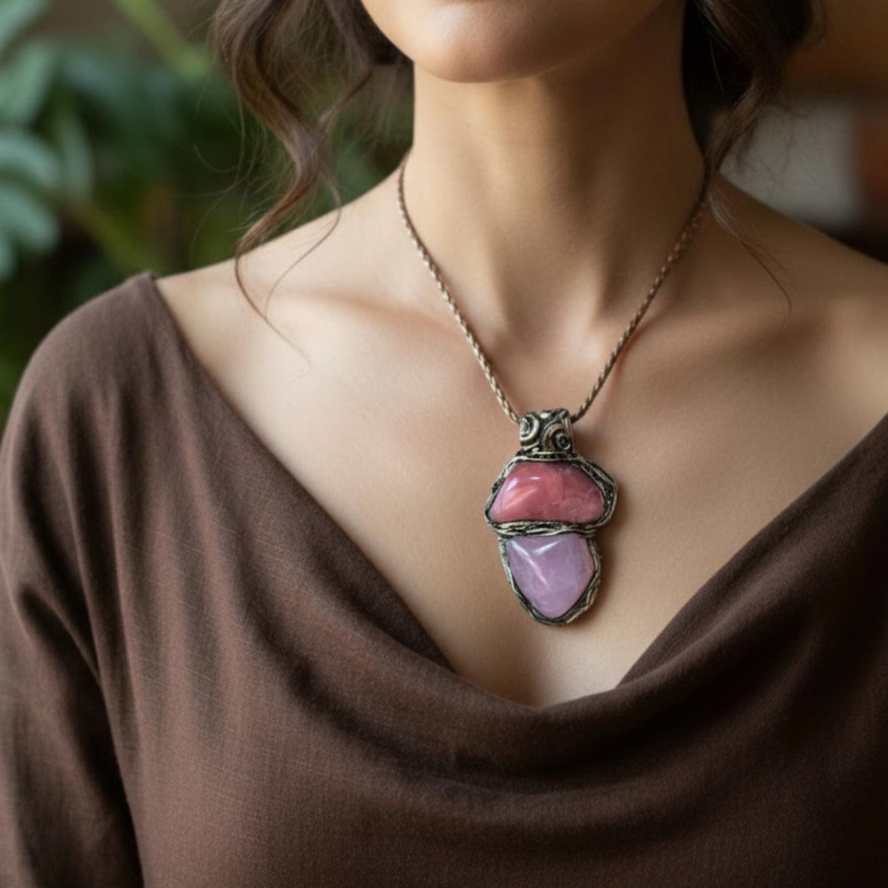 Rose Quartz and Peach Agate Pendant Necklace -  Love Amulet Healing Crystal