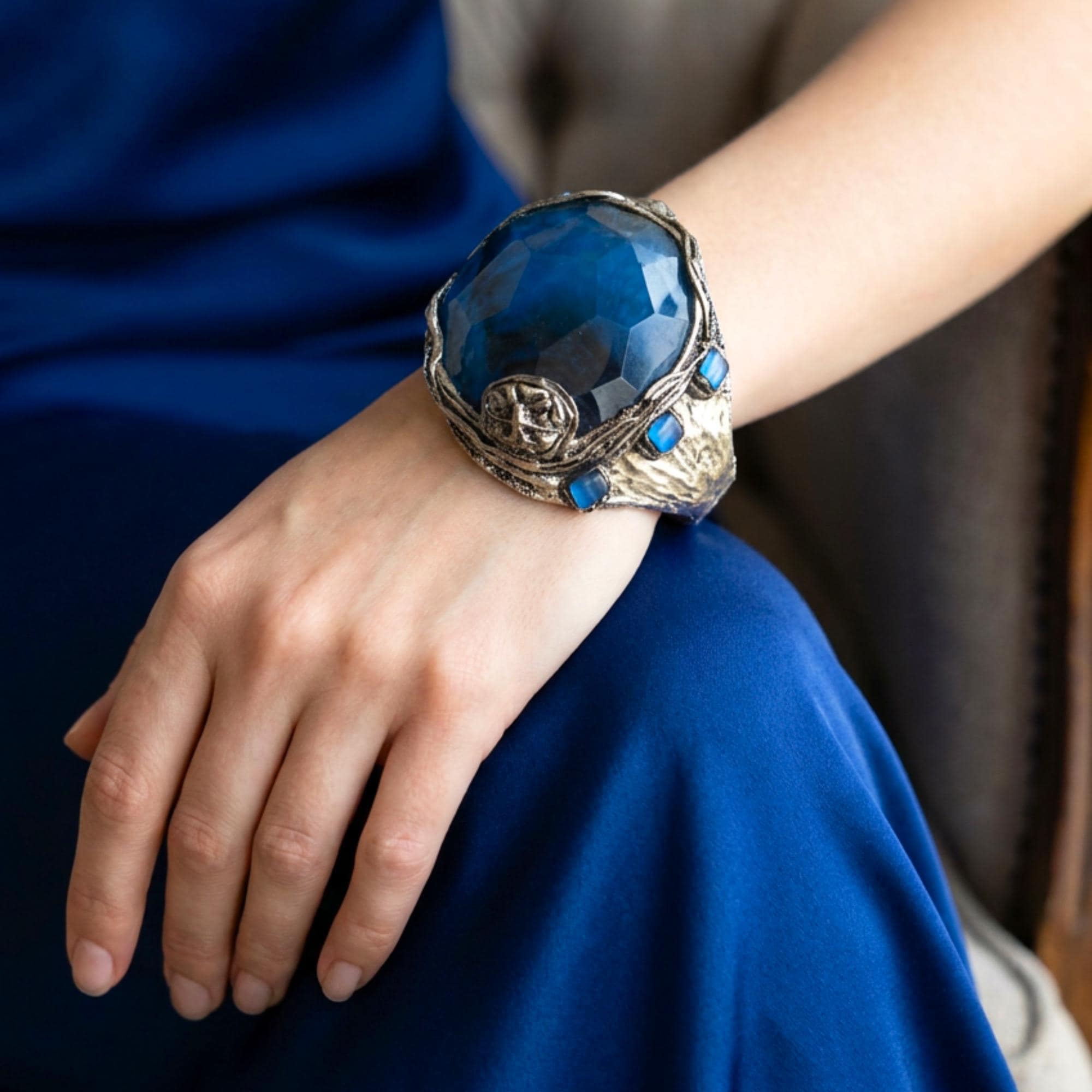 Blue Agate Statement Bracelet - Chunky Stone Wide Cuff