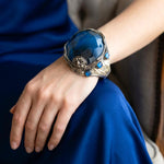 Blue Agate Statement Bracelet - Chunky Stone Wide Cuff