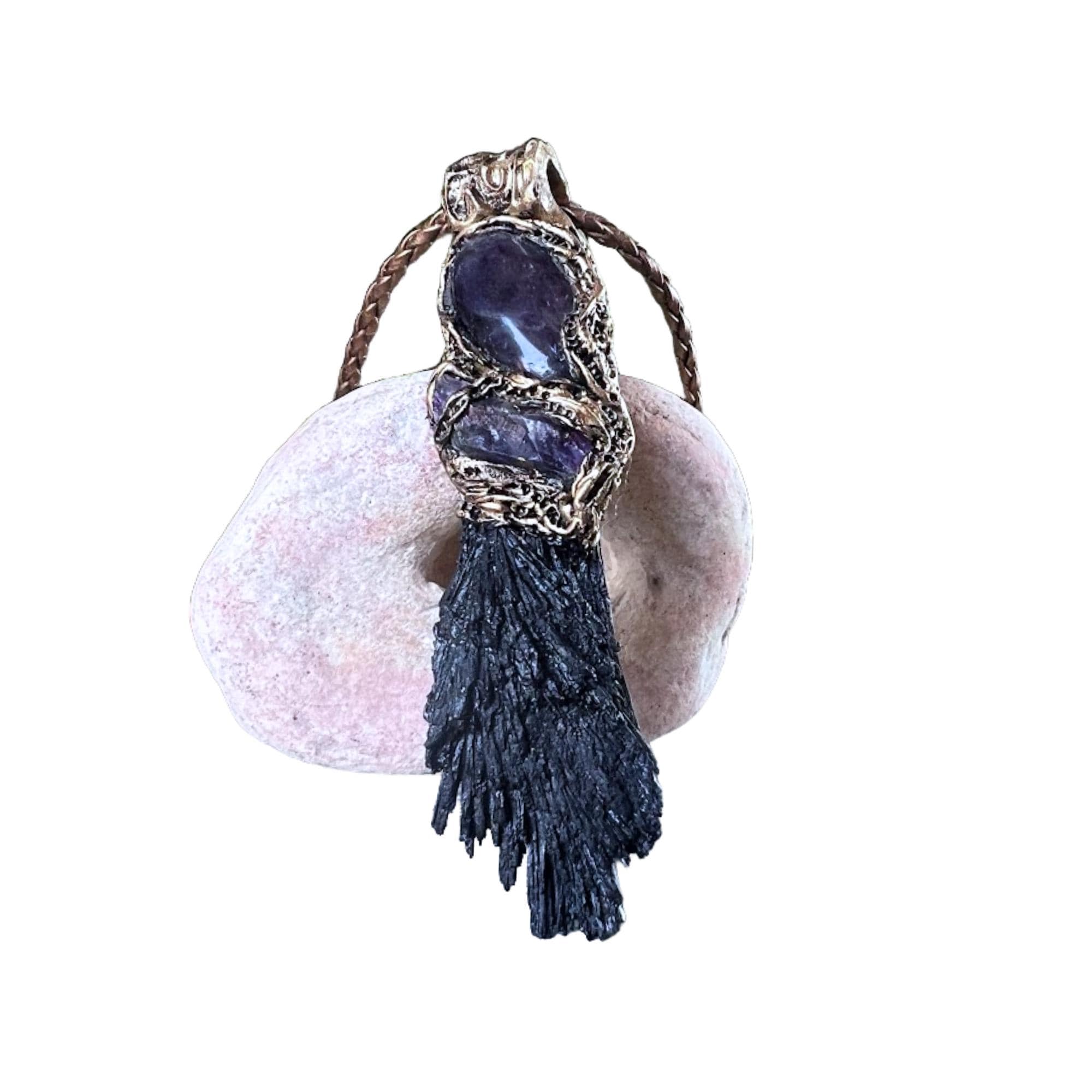 Protection Raw Crystal Amulet Pendant Necklace with Black Kyanite and Amethyst spiritual gifts