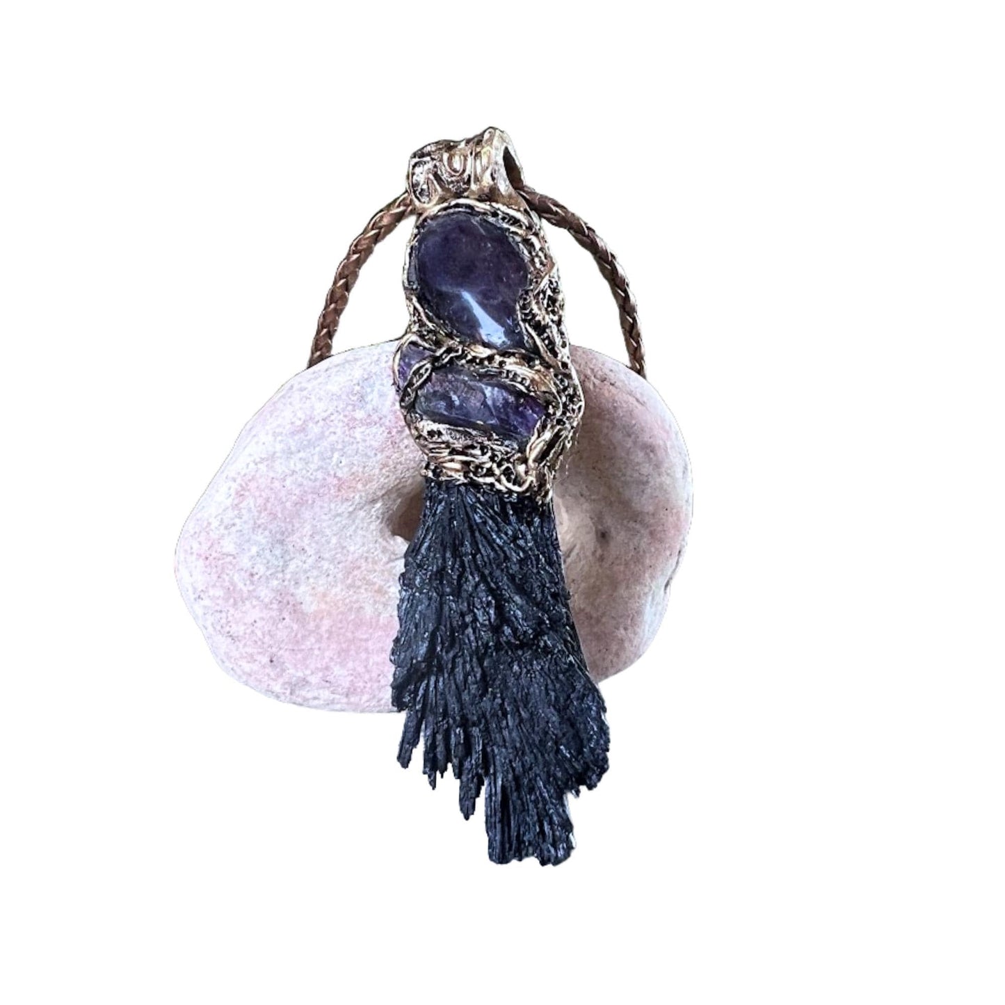 Protection Raw Crystal Amulet Pendant Necklace with Black Kyanite and Amethyst spiritual gifts