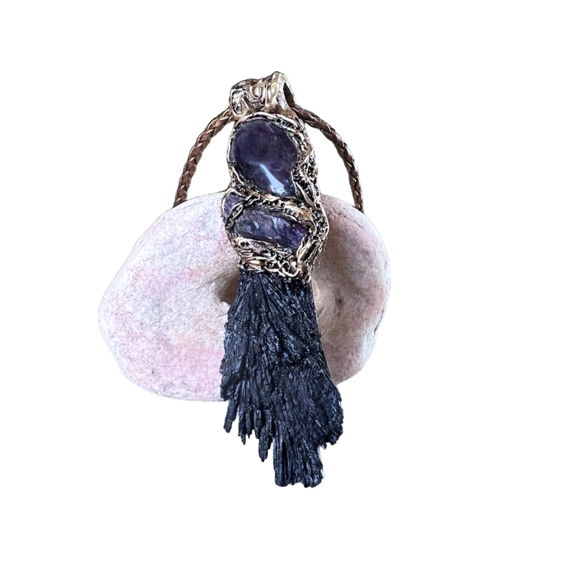 Protection Raw Crystal Amulet Pendant Necklace with Black Kyanite and Amethyst spiritual gifts