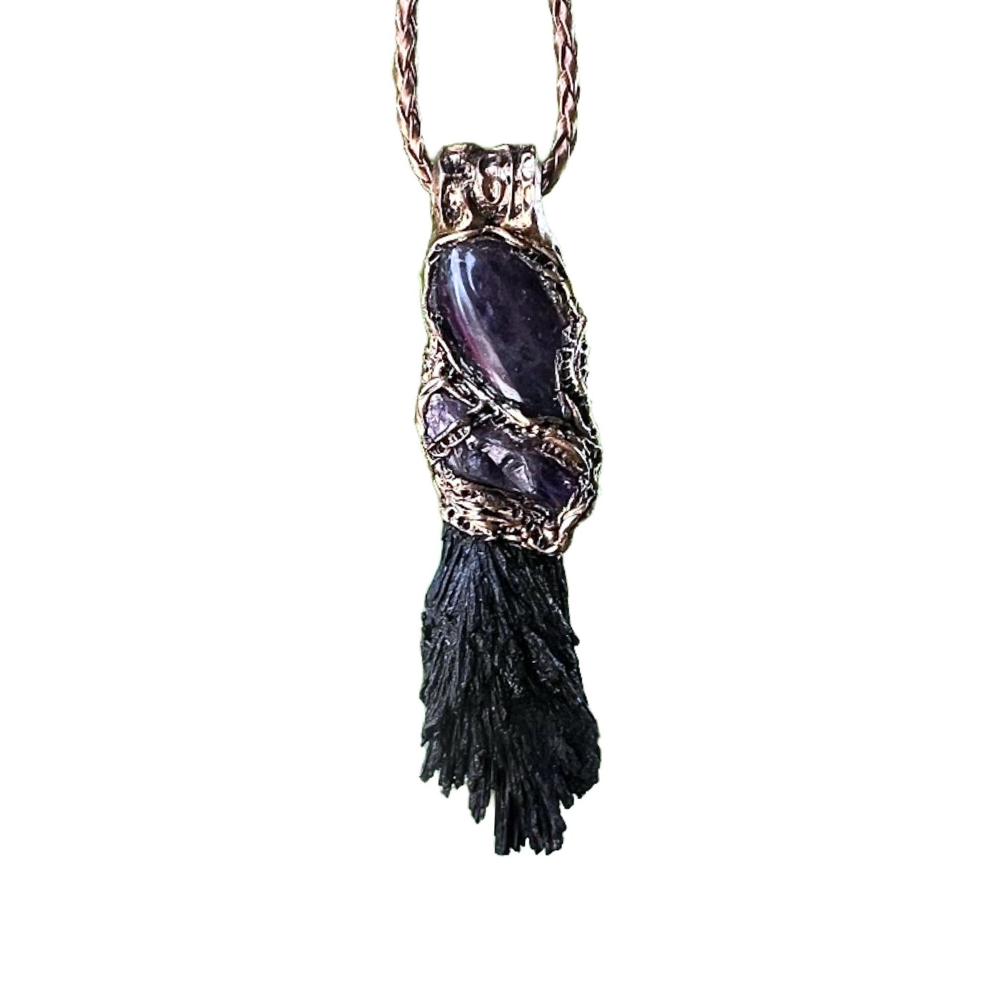 Protection Raw Crystal Amulet Pendant Necklace with Black Kyanite and Amethyst spiritual gifts