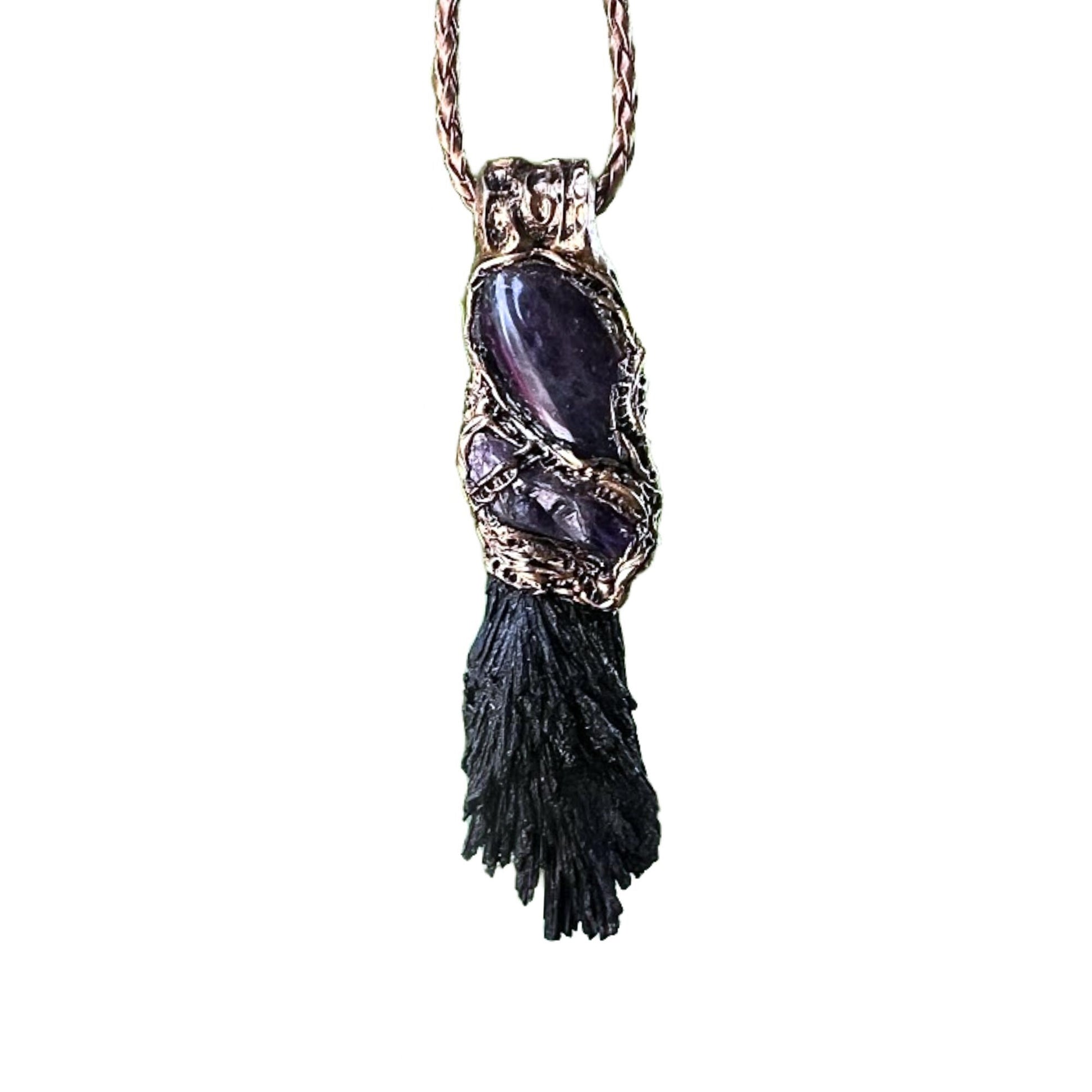 Protection Raw Crystal Amulet Pendant Necklace with Black Kyanite and Amethyst spiritual gifts