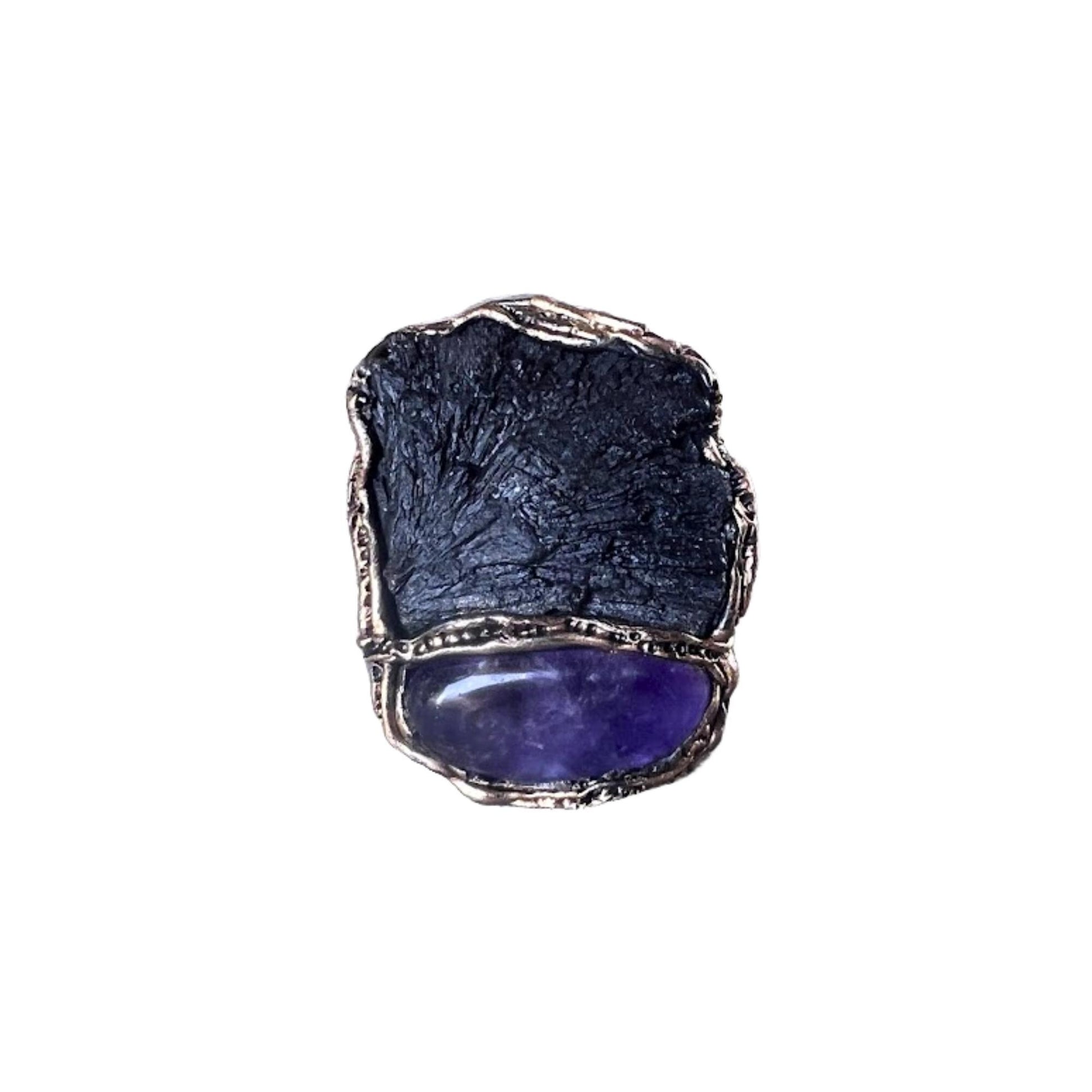 Bold Chunky Black Kyanite and Amethyst Ring -  Extravagant Unique Statement Jewelry