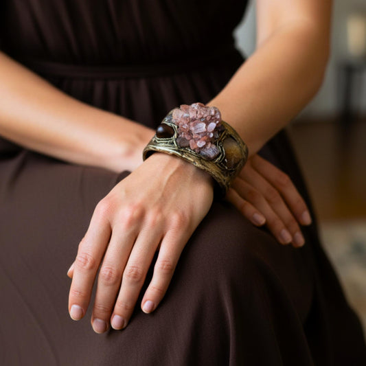 Aragonite Citrine and Carnelian Wide Cuff Bracelet -  Raw Crystal Statement Hinged Bracelet