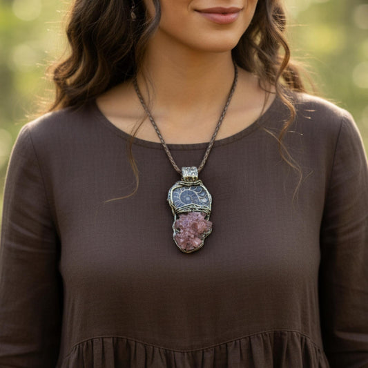 Ammonite Fossil and Aragonite Pendant -  Natural Earth Stone Amulet Jewelry