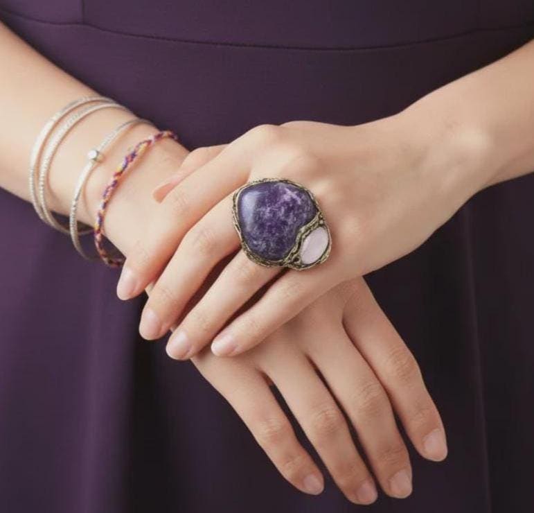 Charoite and Rose Quartz Large Statement Ring -  Purple Chunky Cocktail Ring