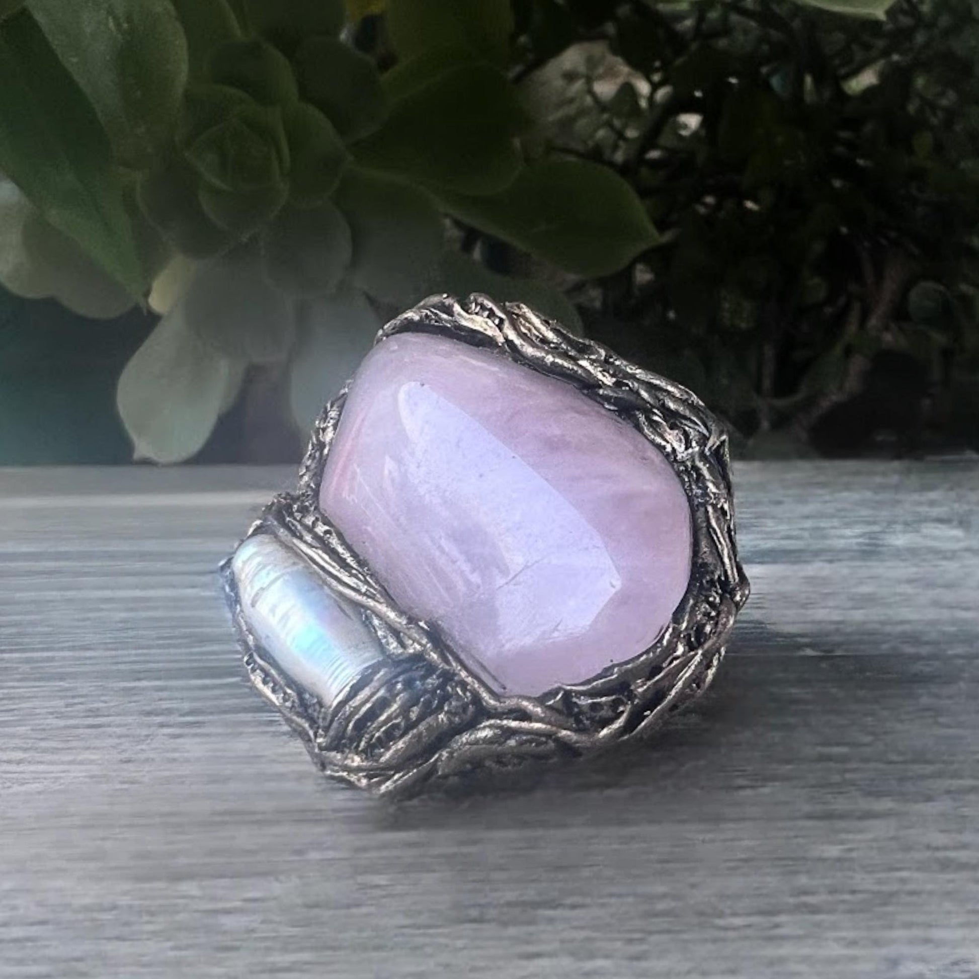 Rose Quartz and Pearl Statement Ring -  Chunky Pink Stone Cocktail Ring