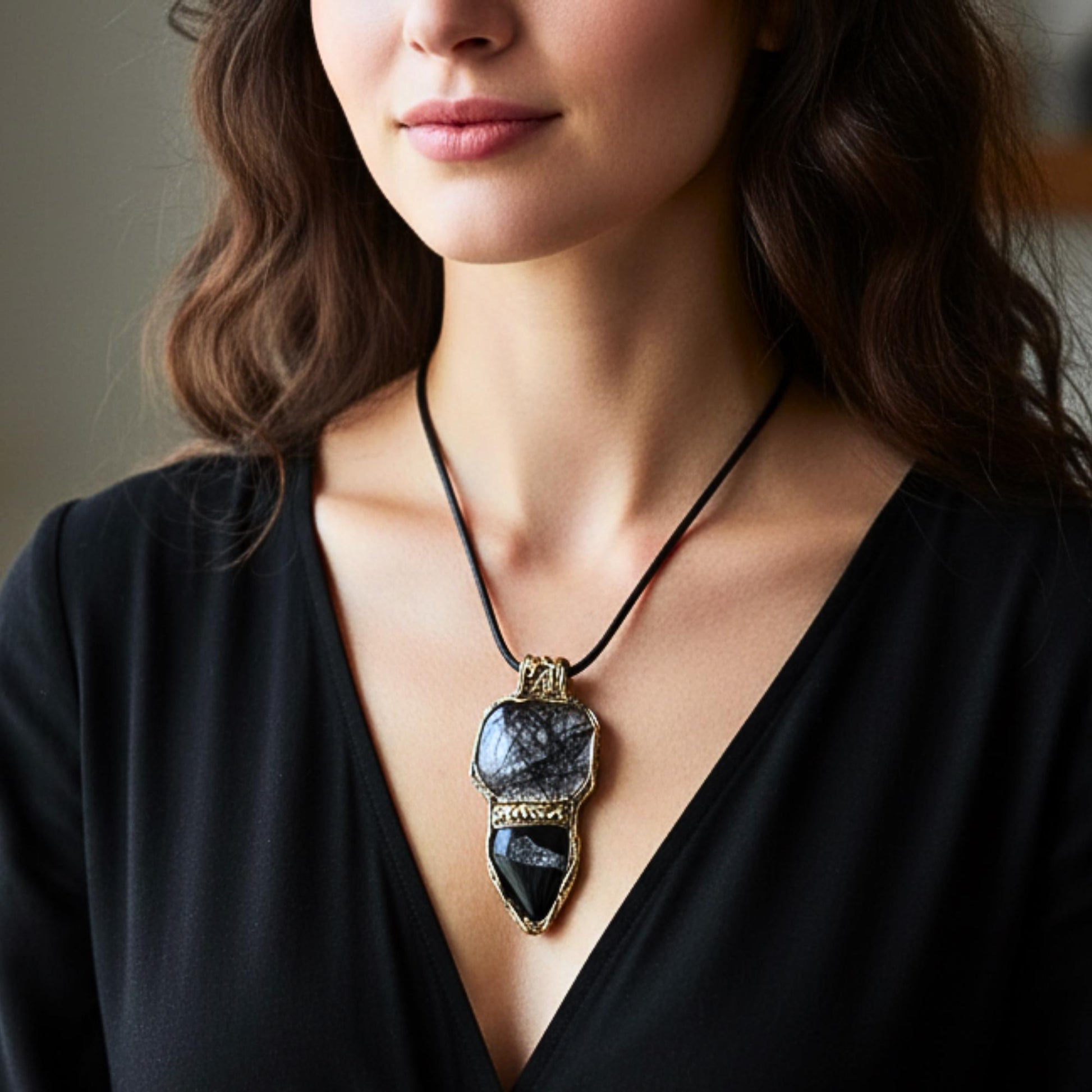 Empath Protection Crystal Pendant - Black Rutilated Tourmaline Quartz and Onyx Necklace