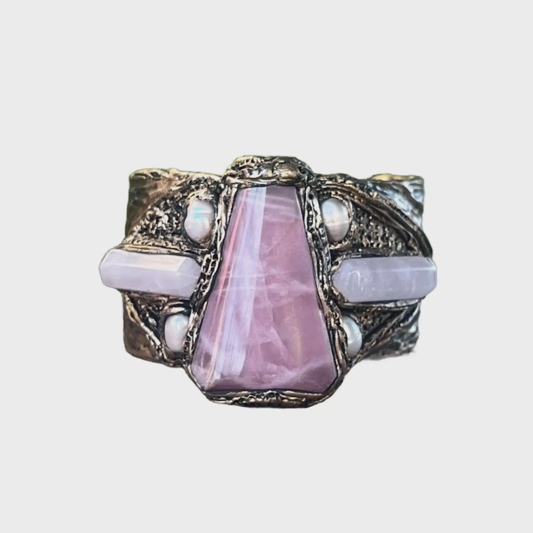 Rose Quartz and Pearl Statement Ring -  Chunky Pink Stone Cocktail Ring