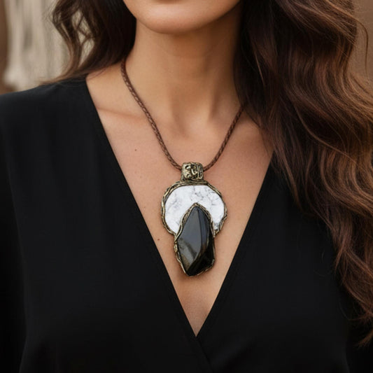 Black and White Hawk’s Eye Howlite Pendant Necklace -  Large Stone Statement Amulet