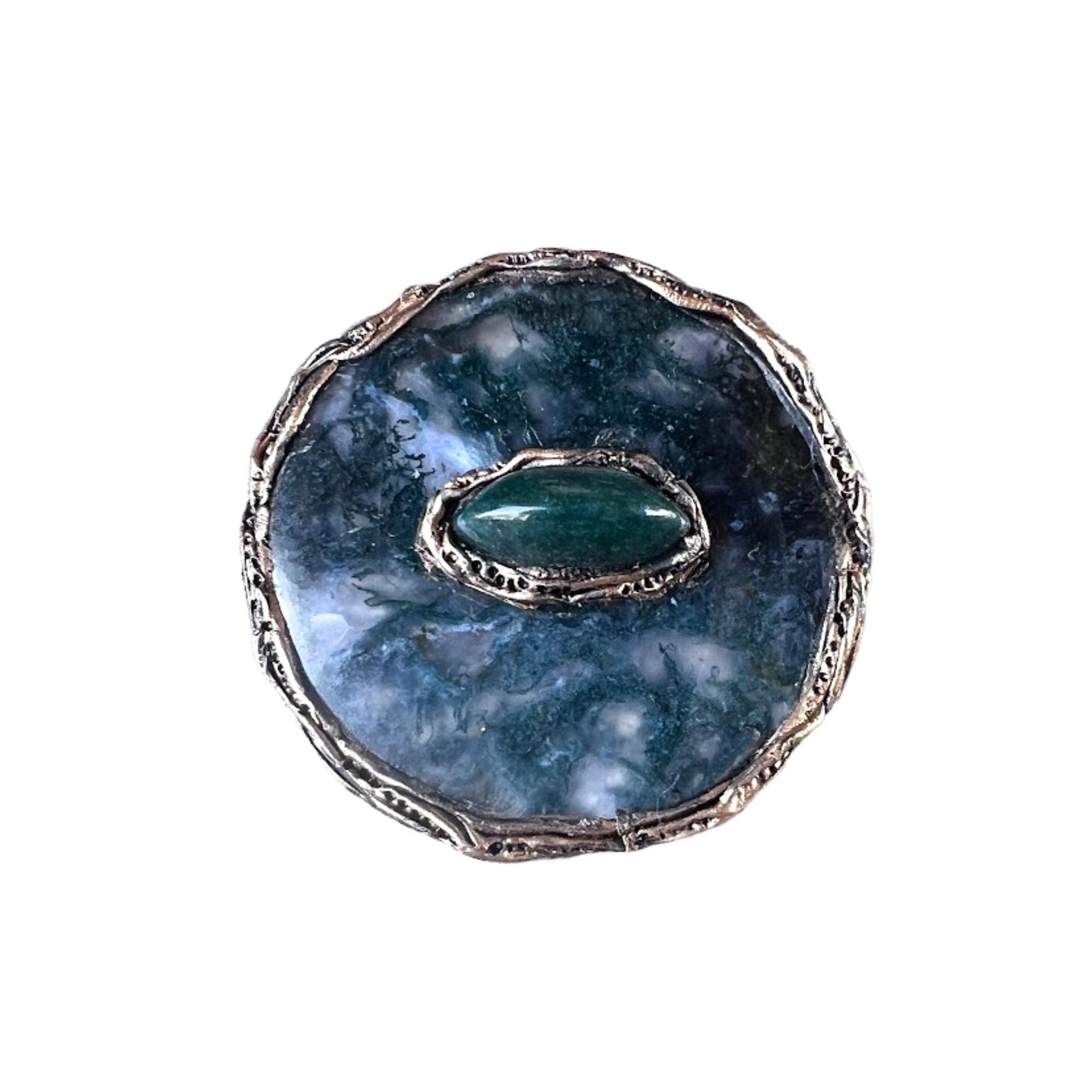 Chunky Green Moss Agate Ring -  Oversized Round Cocktail Ring