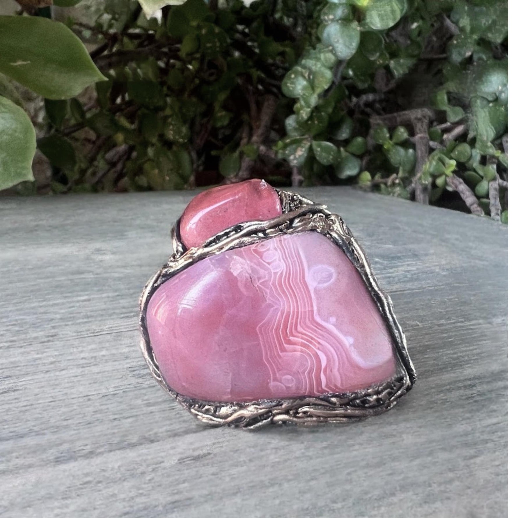 Peach Agate and Cherry Quartz Large Statement Ring -  Pink Stone Oversized Cocktail Ring