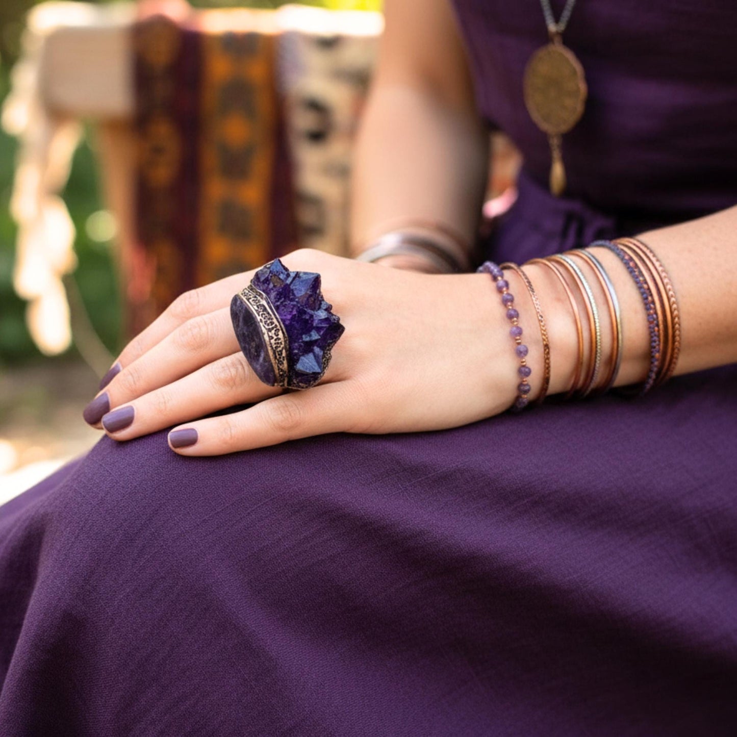 Raw Amethyst druzy cluster geode ring large stone cocktail ring