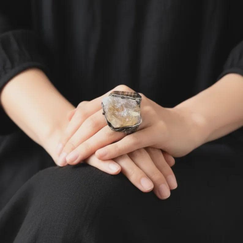 Citrine and Pyrite Chunky Bracelet - Statement Gemstone Cuff