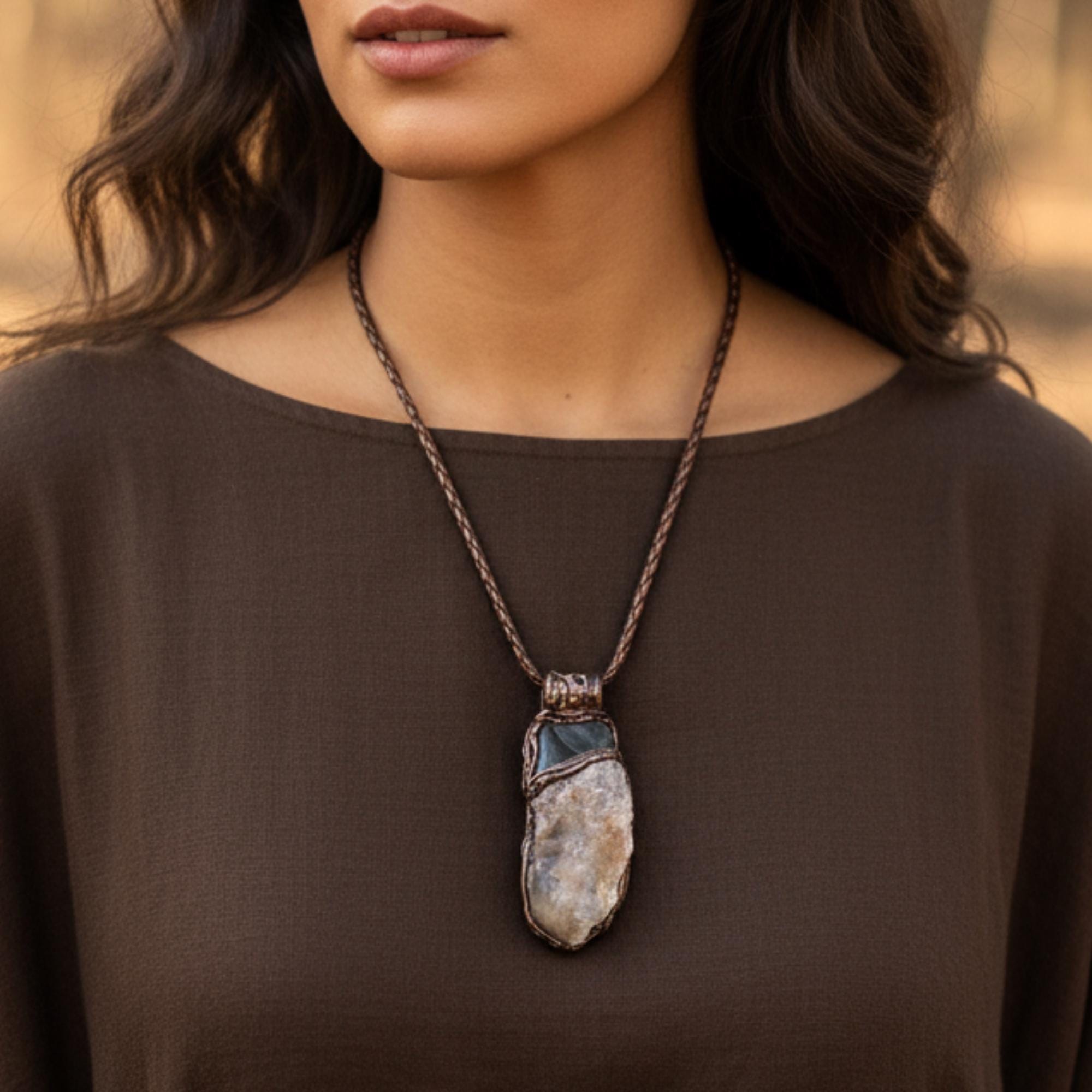 Crystal Pendant Necklace with Citrine Tigers Eye - Handmade Amulet Jewelry
