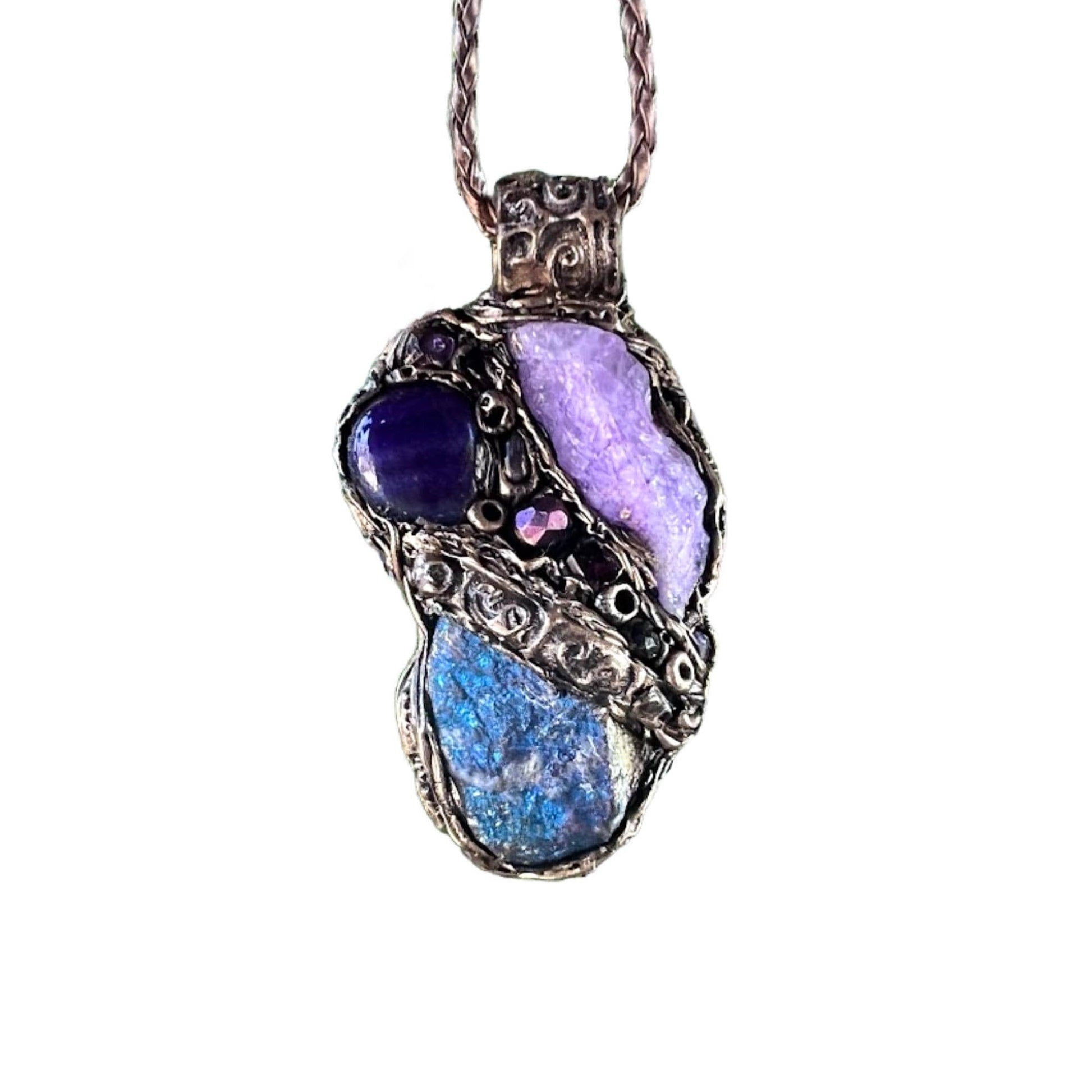 Peacock Ore and Purple Quartz Necklace -  Healing Raw Crystal Amulet Pendant