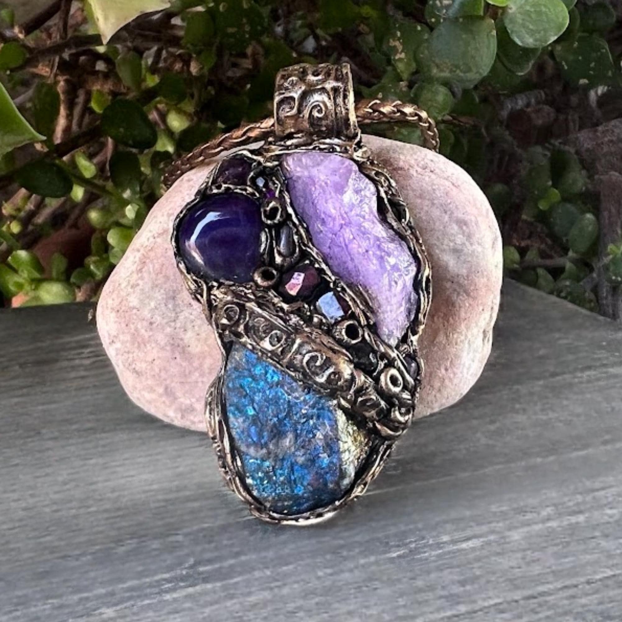 Peacock Ore and Purple Quartz Necklace -  Healing Raw Crystal Amulet Pendant