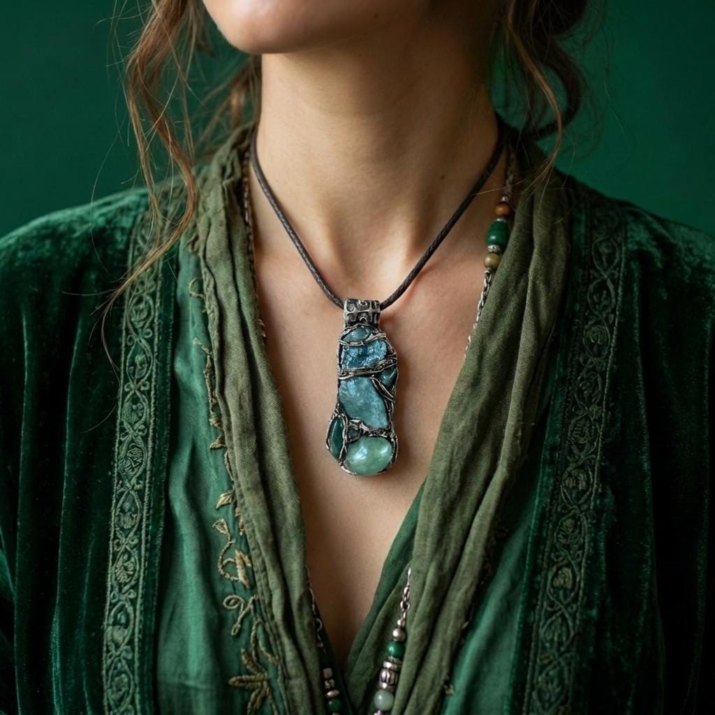 Raw Emerald Aventurine Pendant Necklace -  Green Crystal Amulet