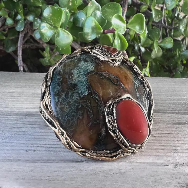 Red Moss Agate and Carnelian Pendant Necklace -  Unique Crystal Amulet