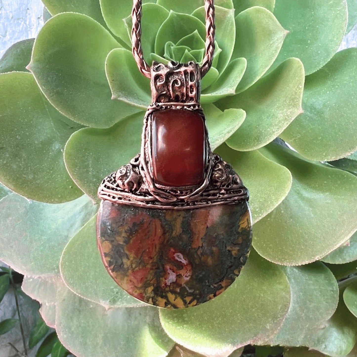 Chunky Moss Agate and Carnelian Ring -  Oversized Round Cocktail Ring